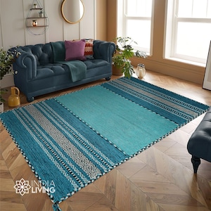 Teal Blue Kilim Rug, Indian Handmade, Vintage, Aesthetic Room Decor, Moroccan, Trending, Living Room Carpet, Hallway Runner, Aqua Blue Rug zdjęcie 3