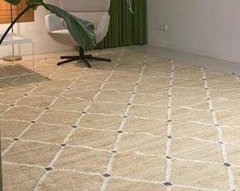 Abstract Geometric Flat weave Natural Jute area Rug, Eco friendly Boho Sustainable Decor
