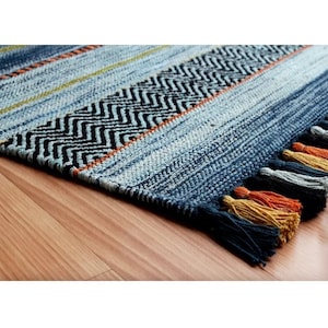 Bohemian Multi Striped Blue kilim Rug, Moroccan Decor, Handmade , Ethnic, High Quality