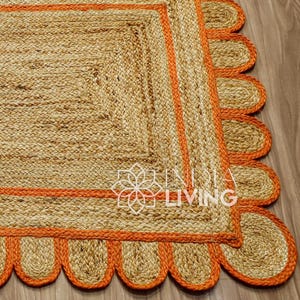 Orange Scallop Edge Natural Jute Jute, Custom Hand Braided Scallop Jute Rug, Bohemian Scallop Rug, Customize in any size