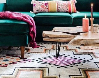 Ivory Abstract Aztec Handwoven Kilim rug, Custom made Indoor outdoor Modern boho decor area rug, Sustainable, Customization available