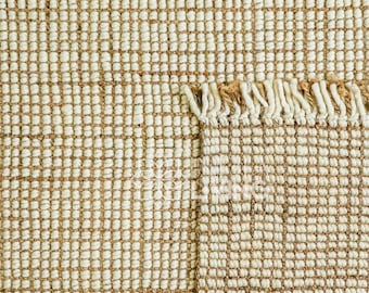 Natural Ivory Ribbed Wool Jute Dhurrie Rug - Hand Woven Scandinavian decor, Custom made
