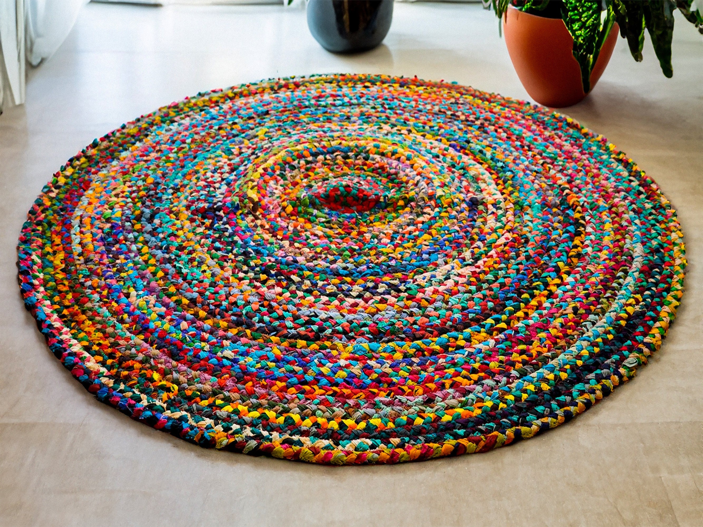Chindi Braided Round Rag Rug, Rainbow Rug, Colourful Boho Mat