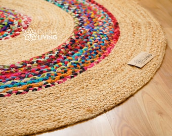 Jute Chindi Braided Round Rag Rug - Handcrafted Sustainable Home Decor with Natural Texture and Colors