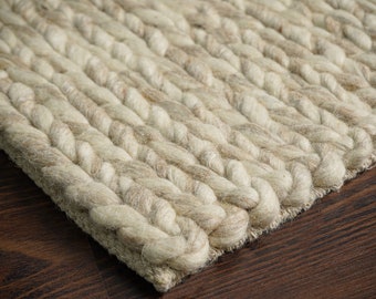 Custom made Beige Chunky Braided Wool rug, Scandinavian decor, soft, cozy, Indoor Premium wool Room Rug, Housewarming decor