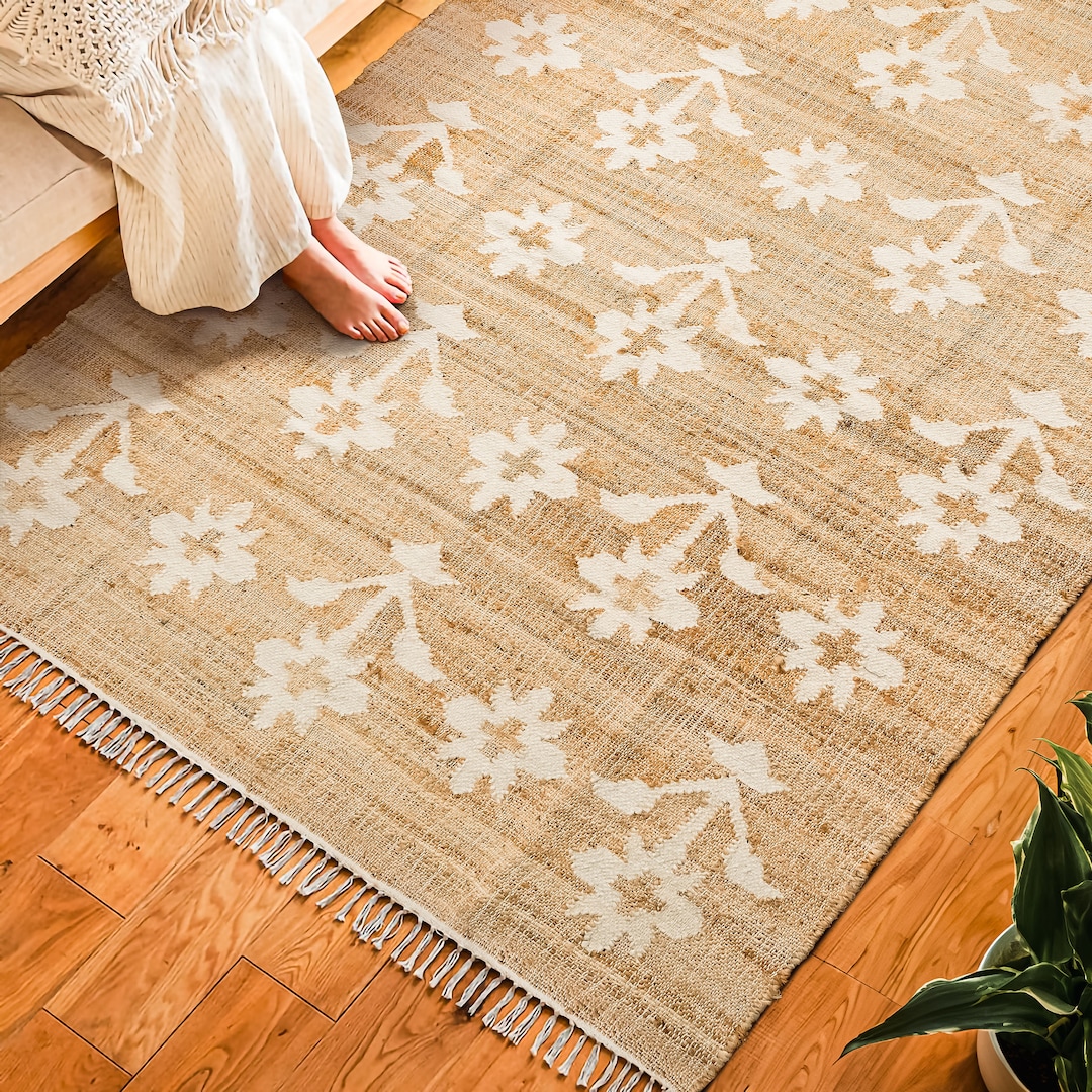 Simple Flower Pattern Rugs Natural Jute Flat Weave Sustainable Eco Friendly Contemporary Bohemian ...
