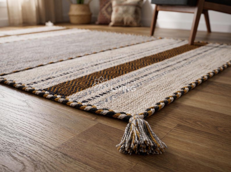 May include: A rectangular area rug featuring a woven pattern of cream, brown, and grey stripes with a braided border and corner tassels. The rug displays a repeating geometric texture and includes the text "KALA LIVING" printed in the center.