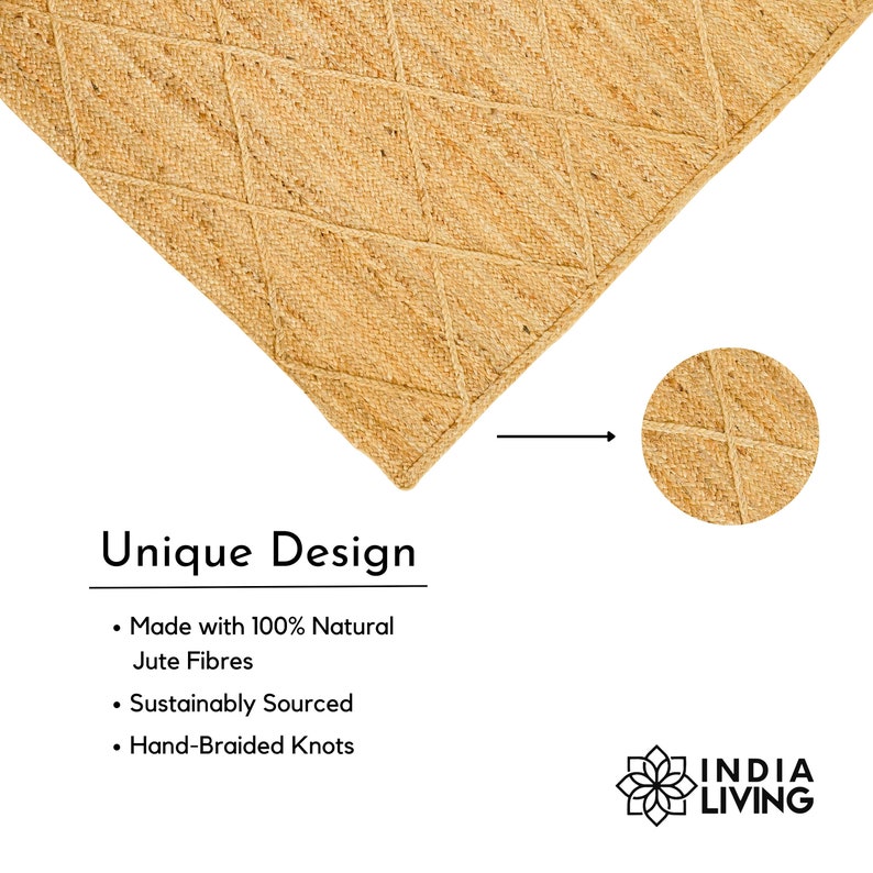 May include: A close-up of a natural jute rug with a diamond pattern. The rug is made with 100% natural jute fibers, sustainably sourced and hand-braided. The text "Unique Design" is written below the rug, along with a list of features: "Made with 100% Natural Jute Fibres", "Sustainably Sourced", and "Hand-Braided Knots". The text "INDIA LIVING" is written in a stylized font below the rug.