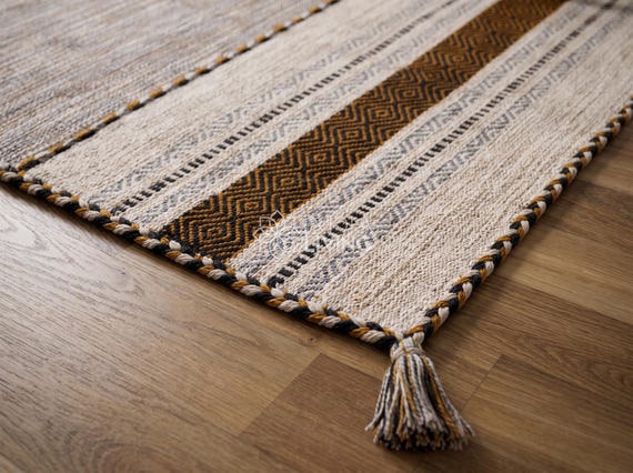 Ivory Gold Tribal Kilim Rug - Indian Handmade Traditional Flat weave Bohemian Decor