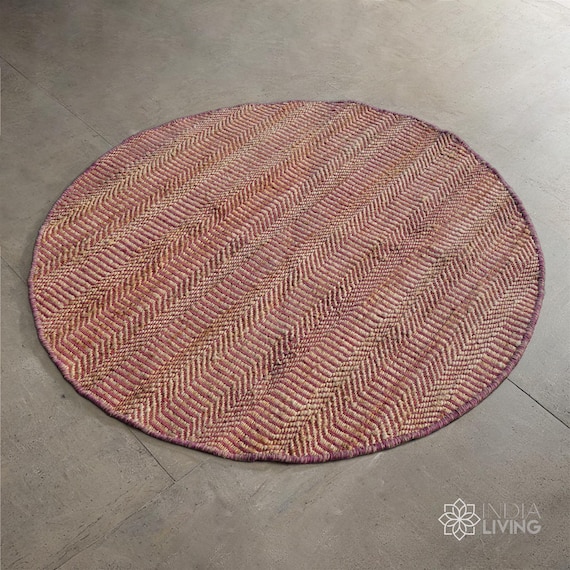 Natural Pink Round Jute Rug | Hand Woven Round Eco-Friendly Decor | Custom Made Thick Sustainable Fibre Mat