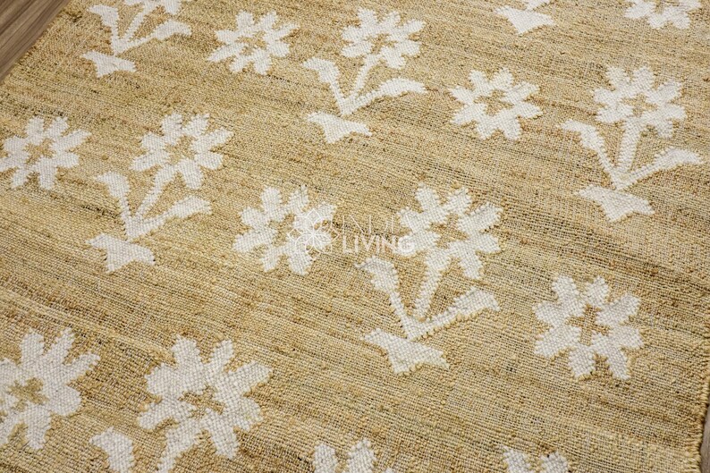 Natural Floral Jute Rug, Contemporary Boho Decor, Flower Pattern, Eco-Friendly Flat Weave image 14