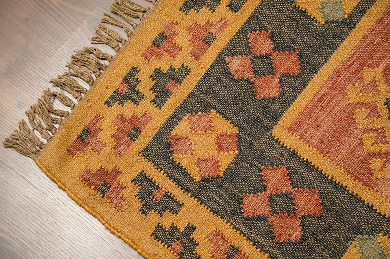 Alfombra Kilim navajo naranja, alfombra de área de yute de lana tejida a mano, decoración boho imagen 8