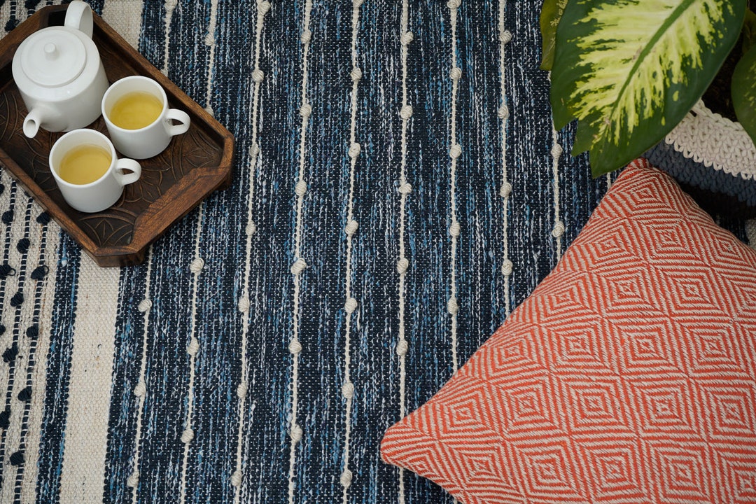 Dark Denim Blue Rustic Kilim Rug, Custom Made Outdoor Bohemian Rug With ...