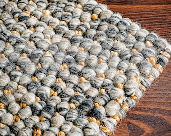 Handwoven Charcoal Grey Golden jute Mix Chunky looped wool Rug - Premium Scandinavian High pile modern decor Carpet, Customization available