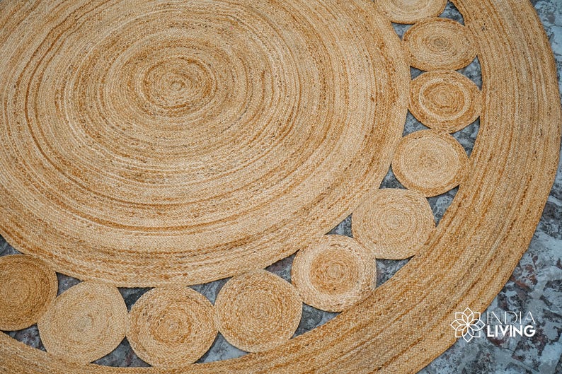 Natural Round Bohemian decor Jute Rug - Hand Braided Sustainable eco Friendly Circular placemat, boho room decorative image 8