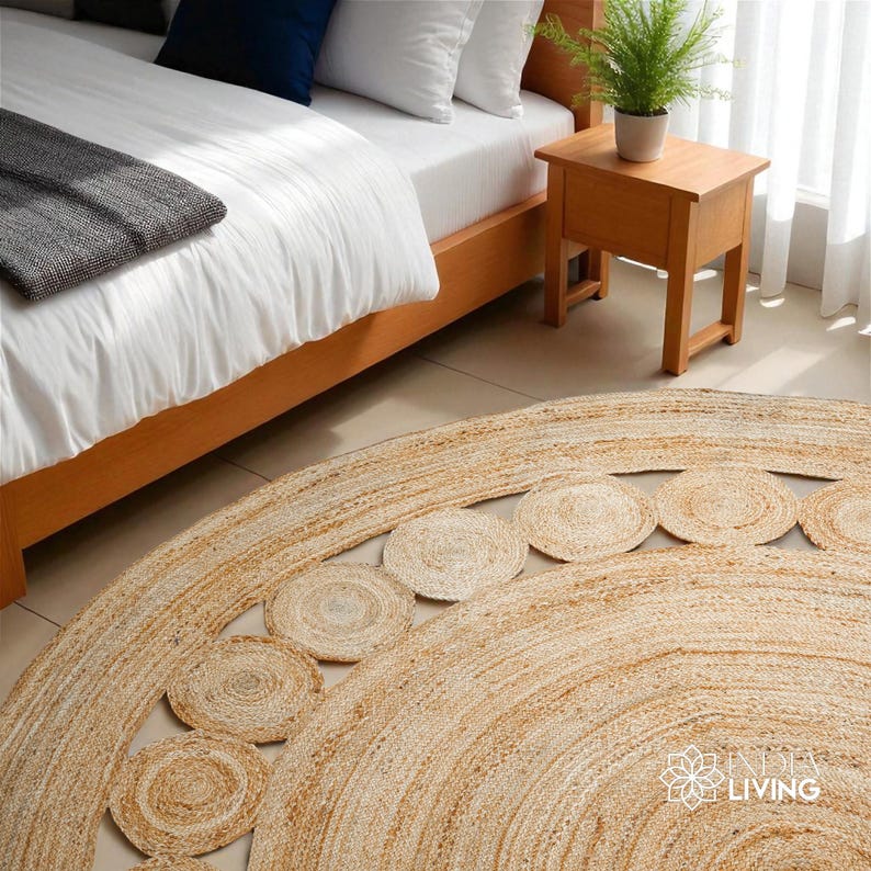 Natural Round Bohemian decor Jute Rug - Hand Braided Sustainable eco Friendly Circular placemat, boho room decorative image 1