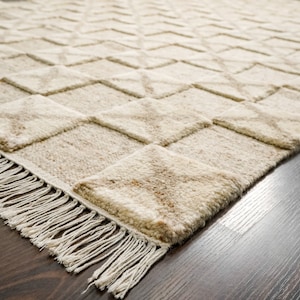 May include: A beige area rug with a geometric pattern and fringe edging. The rug is made of a soft, textured material.