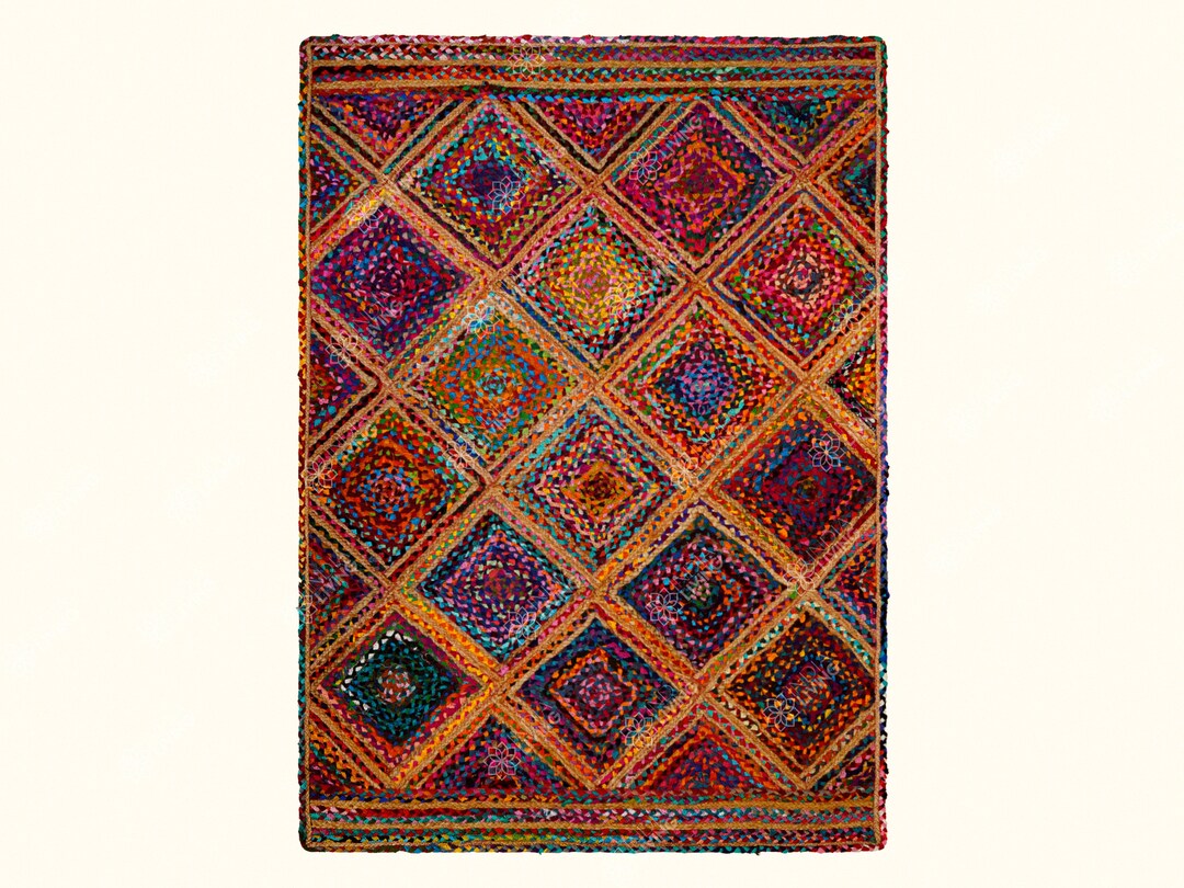 Multi Diamond Chindi Jute Rag Rug, Handcrafted Sustainable Home Decor