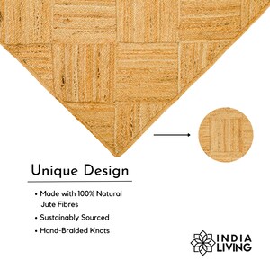 May include: A close-up of a natural jute rug with a unique checkered pattern. The rug is made with 100% natural jute fibers, sustainably sourced and hand-braided. The text "Unique Design" is visible below the rug.