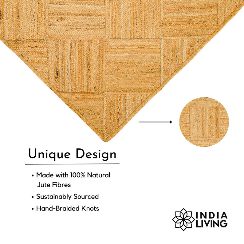 May include: A close-up of a natural jute rug with a unique checkered pattern. The rug is made with 100% natural jute fibers, sustainably sourced and hand-braided. The text "Unique Design" is visible below the rug.