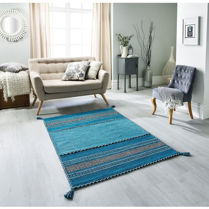 Teal Blue Kilim Rug | Indian Handmade Ethnic Flat Weave Bohemian Home Decor image 4