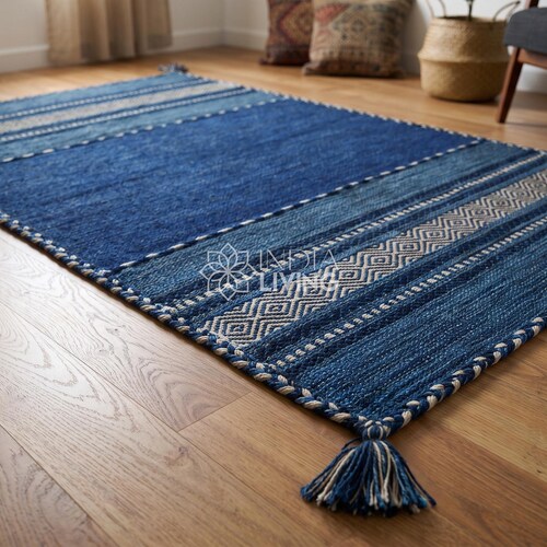 Blue Tribal Kilim Rug - Indian Handmade Traditional Flat weave Soft Cotton Braided Carpet