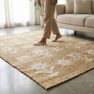 Natural Floral Jute Rug, Contemporary Boho Decor, Flower Pattern, Eco-Friendly Flat Weave image 3