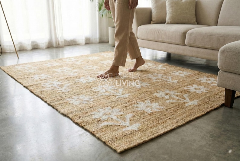 Natural Floral Jute Rug, Contemporary Boho Decor, Flower Pattern, Eco-Friendly Flat Weave image 3