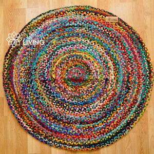 Braided Circular Rag Rug Chindi Braided Round Rag Rug, Rainbow Rug, Colourful Boho Mat, Custom ...