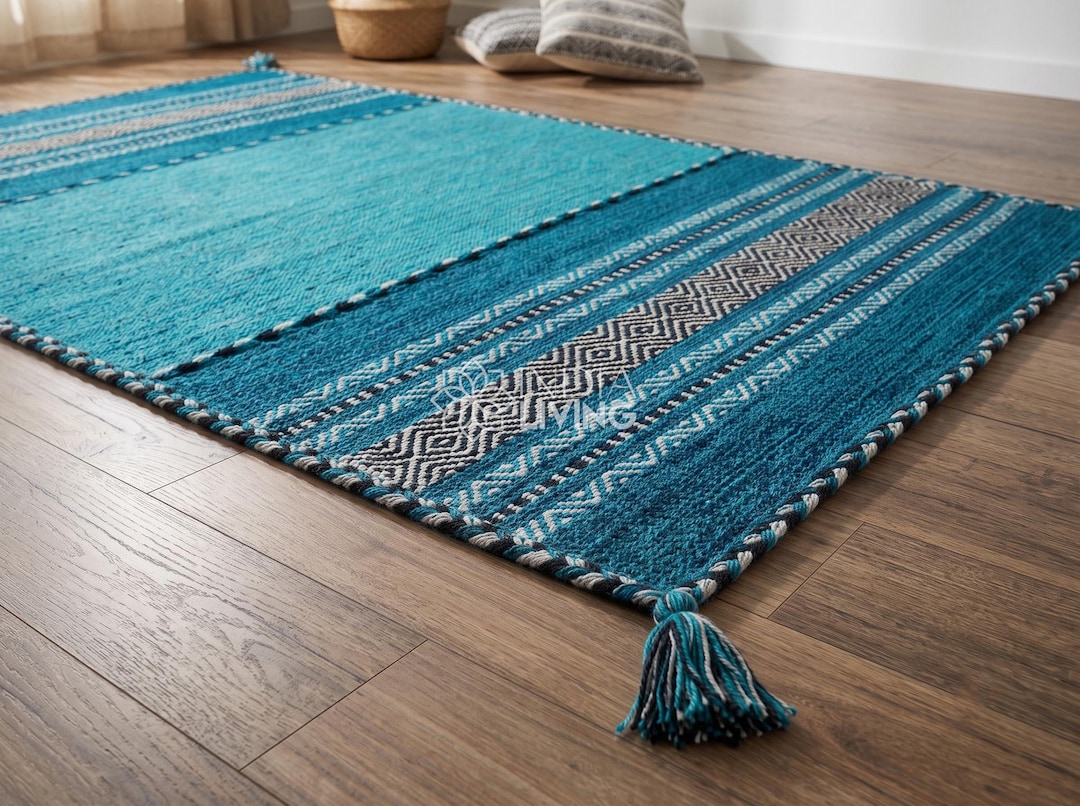 Teal Blue Kilim Rug | Indian Handmade Ethnic Flat Weave Bohemian
