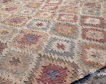 Tribal Aztec Jute Kilim Rug, Natural Boho Moroccan Decor, Custom Size