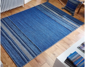 Blue Textured Kilim Area Rug,Handmade, Moroccan inspired, Flatweave, Sustainable, Trendy Decor,Soft Artistic Carpet, Living Room, Runner Rug