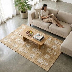 Natural Floral Jute Rug, Contemporary Boho Decor, Flower Pattern, Eco-Friendly Flat Weave image 5