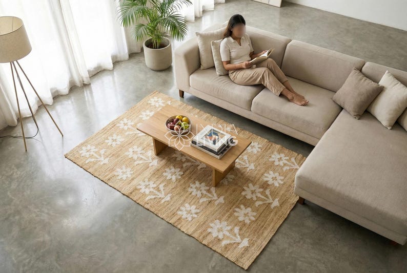Natural Floral Jute Rug, Contemporary Boho Decor, Flower Pattern, Eco-Friendly Flat Weave image 5