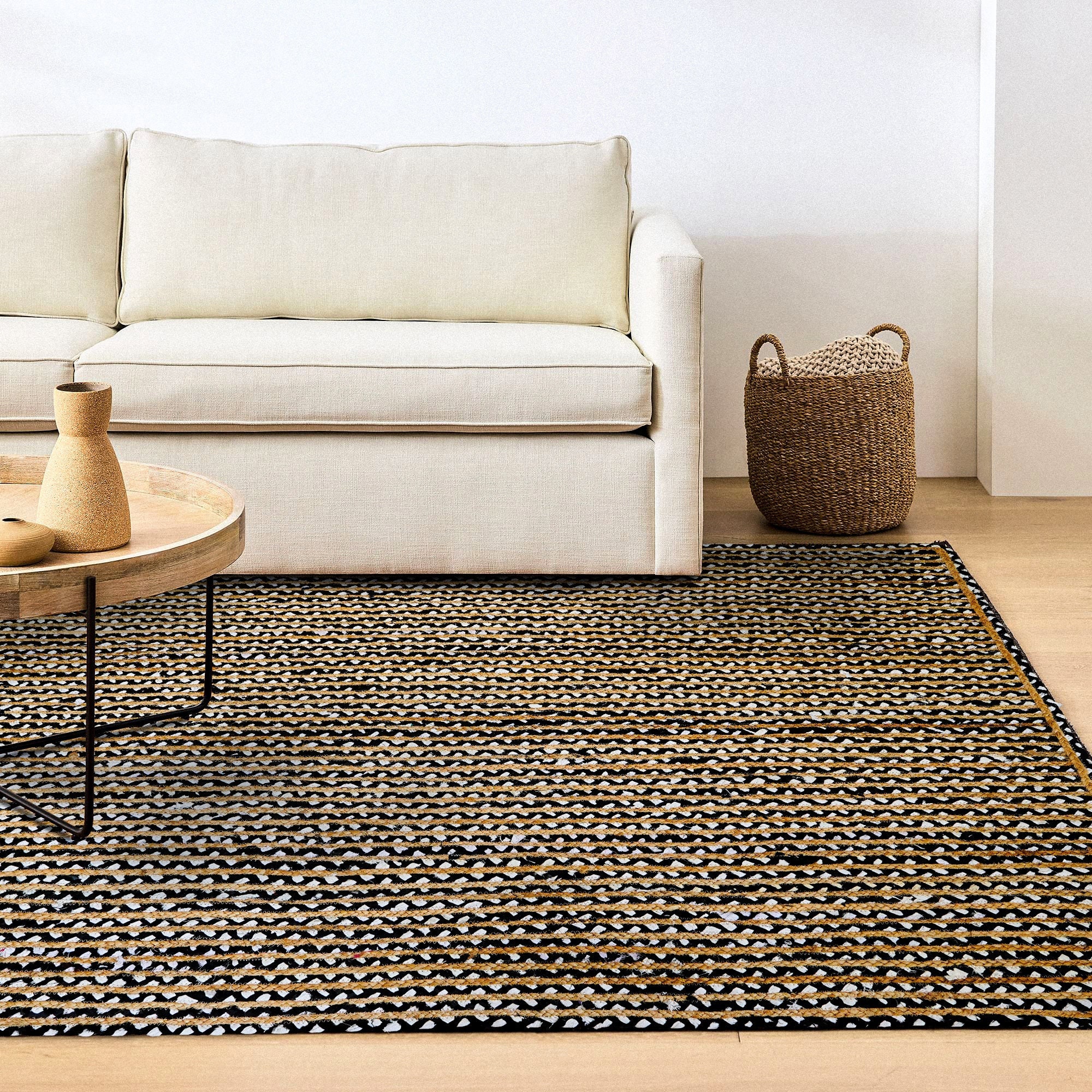 Handmade Black White Striped Jute Rag Braided Rug Eco