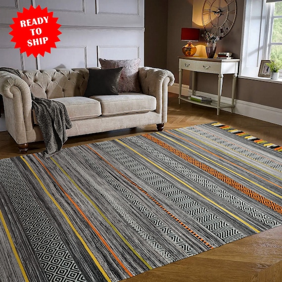Grey Striped Cotton Chenille Rug for Bedroom and Living room Decoration, Indian Handmade Bohemian vintage Decor Rug, Colourful Rug