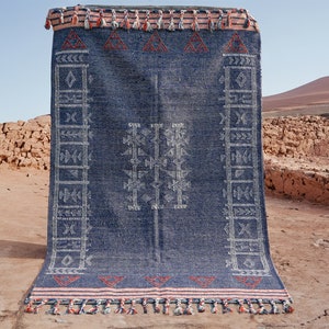 Blue Moroccan Kilim Wool Area Rug | Antique look | Indian handmade | Oversized Living Room carpet, Personalised | Tribal Traditional Rug