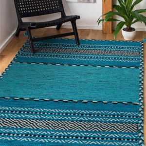 Teal Blue Kilim Rug | Indian Handmade Ethnic Flat Weave Bohemian Home Decor image 7