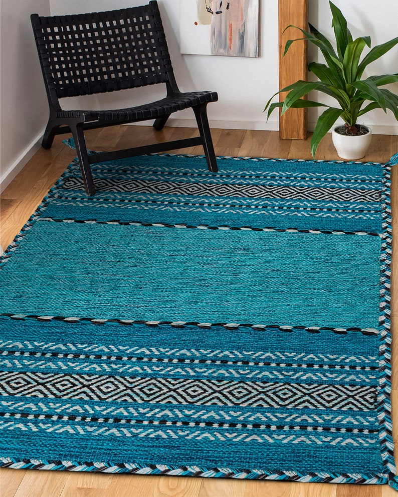 Teal Blue Kilim Rug | Indian Handmade Ethnic Flat Weave Bohemian Home Decor image 7