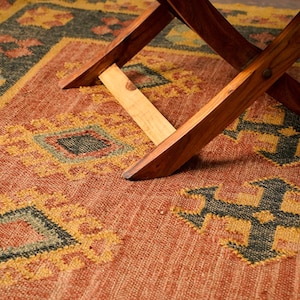 Alfombra Kilim navajo naranja, alfombra de área de yute de lana tejida a mano, decoración boho imagen 1