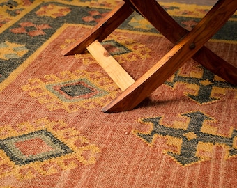 Orange Navajo Kilim Rug, Handwoven Wool Jute Area Rug, Boho Decor