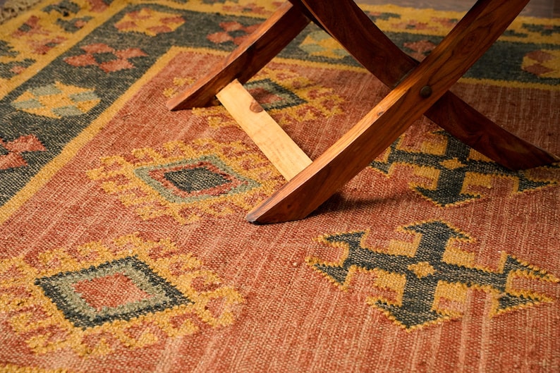 Alfombra Kilim navajo naranja, alfombra de área de yute de lana tejida a mano, decoración boho imagen 1