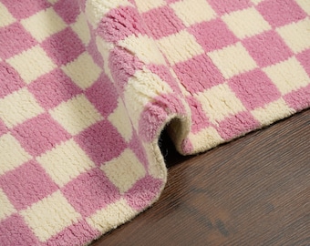 Pink Checkered Wool Rug - Hand Knotted Geometric Berber Style