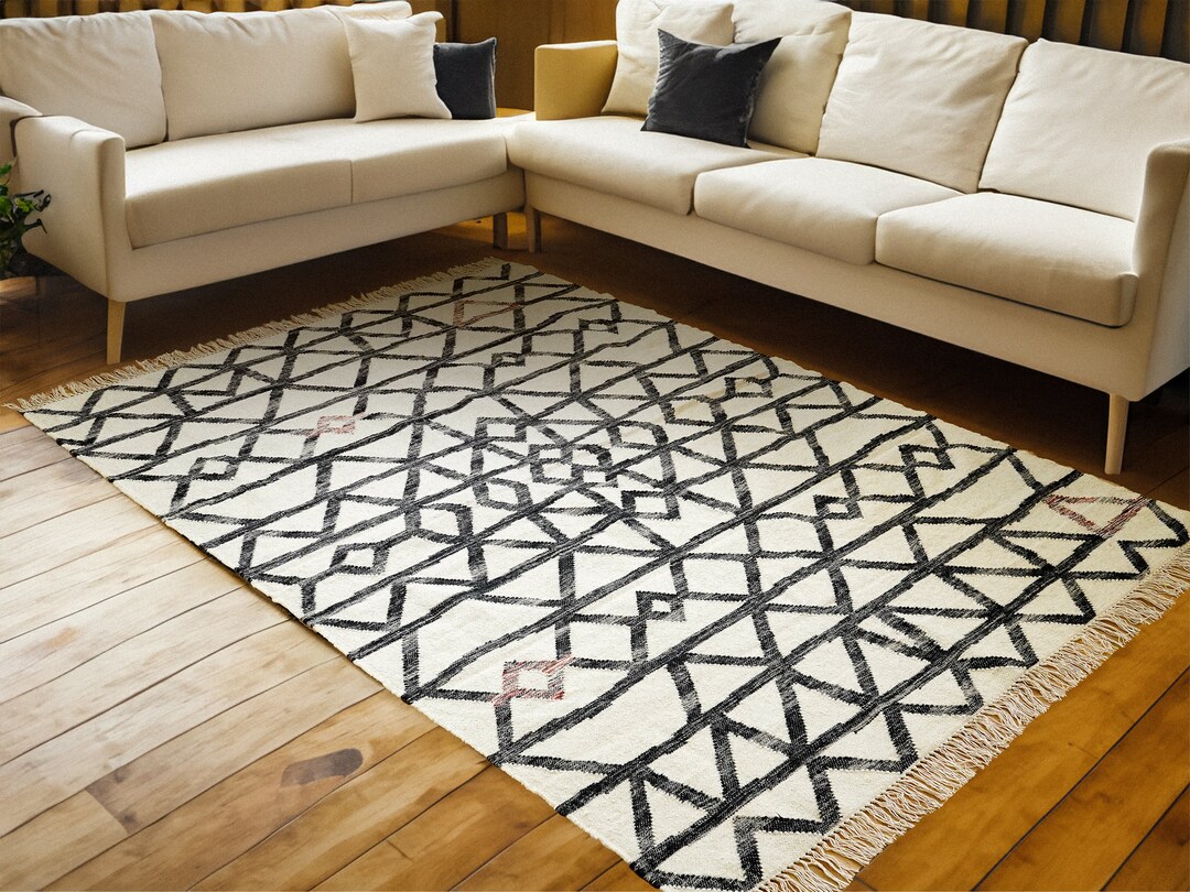 Modern Abstract Ivory Wool Rug - Flat Weave , Contemporary, Geometric ...
