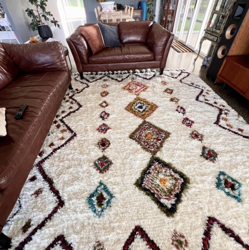 Marokkaans geïnspireerd berberwollen tapijt, boho-decortapijt voor woonkamer en slaapkamer, hoogpolig wollen tapijt voor kameresthetiek, op maat gemaakt afbeelding 1
