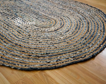 Natural Blue Denim Chindi Jute Oval Rug, Handmade sustainable decor, Custom made in all sizes