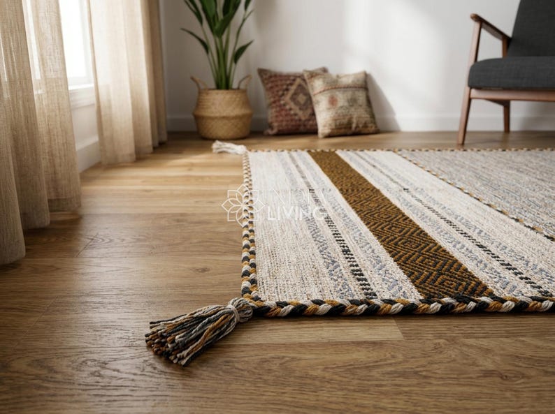 May include: A rectangular area rug featuring a woven pattern of cream, brown, and black stripes with geometric diamond motifs. The rug is finished with a thick, braided border and decorative tassels at the corners in matching earth-tone colors.