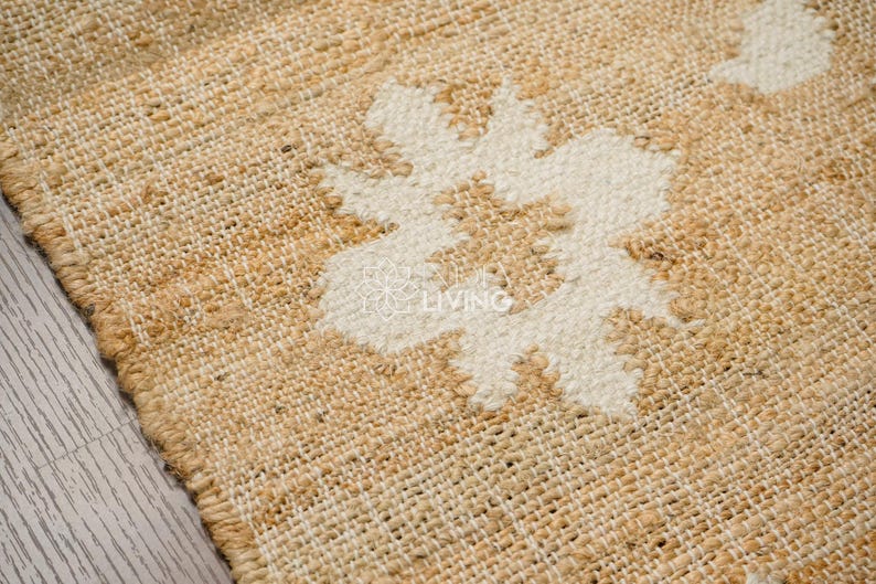 Natural Floral Jute Rug, Contemporary Boho Decor, Flower Pattern, Eco-Friendly Flat Weave image 9
