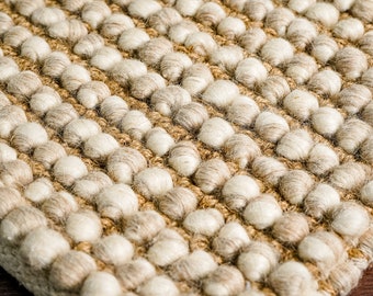Hand Woven Loop Chunky Camel Beige Scandinavian Indoor Wool Jute Rug, Cozy Felted wool taupe Rug, Pet-Friendly, Customize in any size