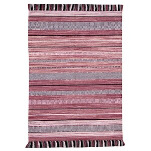 May include: A rectangular rug with a striped pattern in shades of red, pink, and gray. The design includes horizontal stripes, diamond patterns, and fringe detailing on the top and bottom edges. This rug is suitable for home decor.